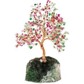 KARMA AND LUCK, Divine Inspiration, Real Tourmaline & Jade Gemstones on African Pine Base, Feng Shui Tree Home Decor, Handmade in Bali, Medium 8"