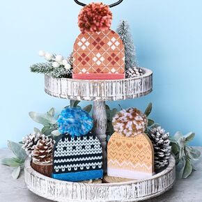 Xylolfsty Winter Hats Tiered Tray Decorations Winter Hat 3D Wood Signs Rustic Wooden Blocks Farmhouse Christmas Home Kitchen Shelf Sitter