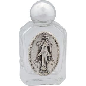 Mini Holy Water Bottle | Glass with Miraculous Medal Metal Plate | Silver-Tone Twist on Cap | Great Catholic Gift for First Holy Communion and Confirmation