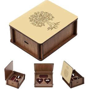 LUCCE Wood Ring Bearer Box Rustic - Gold Ring Box for Wedding Ceremony 2 Rings Wooden - Golden Mirror Effect Tree of Life Pattern Rustic Wedding Decorations for Ceremony, Wood Storage Jewelry Gift Box