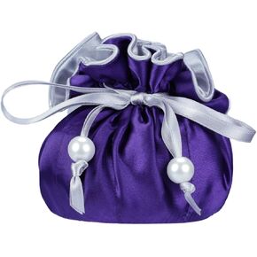 Marisa D'Amico Drawstring Premium Satin Jewelry Pouch with 8 Interior Pockets, Purple + Silver
