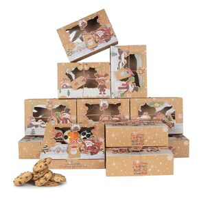 12 Pack Christmas Cookie Boxes, Foldable Treat Box with Window, for Pastries, Cupcakes, Candy and Gift Giving, Food Grade Kraft Bakery Boxes, Reindeer Santa Cookie Boxes, Style A