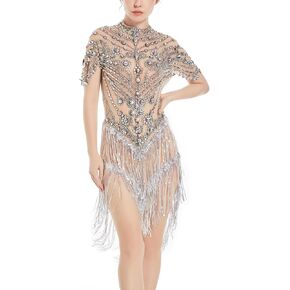 Latin Jazz Fringe Crystals Dress for Women Sparkly Short Sleeve Mesh See Through Singer Dancer Birthday Party Drag Queen Costume