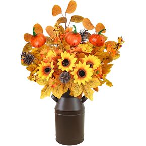 Artificial Fall Flowers with Metal Pot, Faux Autumn Flowers with Pumpkins Maple Eucalyptus Fall Floral Picks Arrangements for Fall Table Centerpieces Thanksgiving Vase Mantle Home Fall Decor