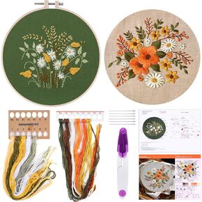 FEPITO 4 Sets Embroidery Starter Kit with Pattern and Instructions Cross Stitch Kit Includes 4Pcs Embroidery Clothes with Floral Pattern, 2 Pcs Embroidery Hoops, Scissor, Color Threads Needle Kit