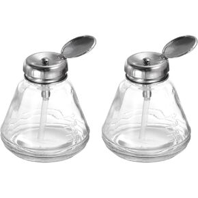 HARFINGTON 2Pcs 6Oz / 180ML Glass Pump Dispenser Bottle Liquid Pumping Press Push Down Alcohol Container with Metal Flip Cover for Makeup Remover