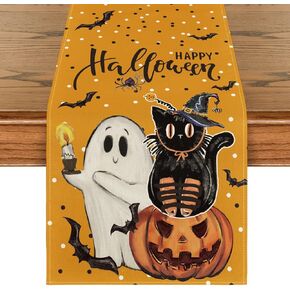Artoid Mode Orange Jack-O'-Lantern Pumpkin Ghost Black Cat Halloween Table Runner, Bat Kitchen Dining Table Decoration for Home Party Decor 13x72 Inch