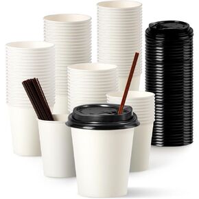 Fit Meal Prep 100 Pack 8 oz Disposable Coffee Cups with Lids and Stirrers, Premium To Go Coffee Cups with Lids, Leak Proof Paper Travel Coffee Cups for Cold/Hot Beverage, Durable for Office Business