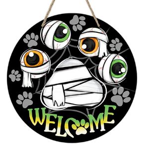 Deroro Halloween Sam Sign for Front Door Decor, Trick or Treat Spooky Ghost Wood Door Hanger for Outdoor Outside Porch, Funny Holiday Wooden Wreath Indoor Wall Hanging Decoration