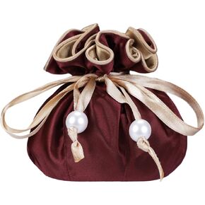 Drawstring Premium Satin Jewelry Pouch with 8 Interior Pockets, Maroon + Gold