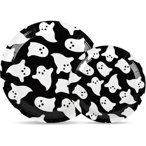48Pcs Halloween Party Plates White Ghost Paper Plates 9 Inch 7 Inch Cute Boo Disposable Plates Spooky Round Dinner Dessert Tableware for Birthday Baby Shower Party Supplies