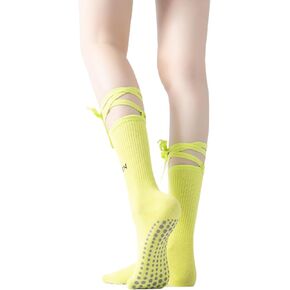 Yoga Pilates Socks with Grips for Women Non Slip Colorful Tie-up Socks Cushioned Crew Lace-up Socks for Barre Ballet Dance