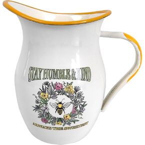 Enamel Pitcher with Wide Handle and Green Rim Rustic Enamelware Pitcher Vase Flower and Bird Pattern Farmhouse Metal Pitcher Vintage Decor