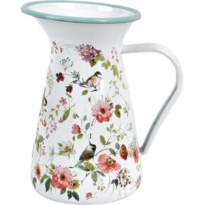 Enamel Pitcher with Wide Handle and Green Rim Rustic Enamelware Pitcher Vase Flower and Bird Pattern Farmhouse Metal Pitcher Vintage Decor in Saudi Arabia
