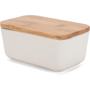 Nat & Jules الخزف الحجري 1/2 رطل، 2 طبق زبدة مع غطاء من الخيزران محكم الغلق، ملحقات المطبخ، حامل حاوية، تخزين الثلاجة وتنظيم سطح الطاولة، كريمي غير لامع in Kuwait