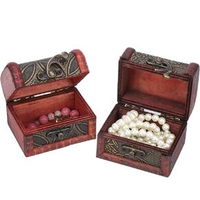 2PCS Chest Treasure Box, Jewelry Boxes Wooden Trinket Box Jewelry Storage Box Tiny Wooden Box Gifts Pirate Treasure Chest Collection Storage Box Wooden Treasure Chest Boxes Vintage Treasure Box