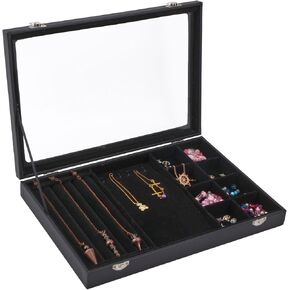 CHGCRAFT Jewelry Storage Display Case Rectangle PU Leather Covered with Plastic Jewelry Presentation Boxes with Velvet Inside for Necklaces Pendants Earrings Rings, Black, 3 Sections 9.5x14x2Inch