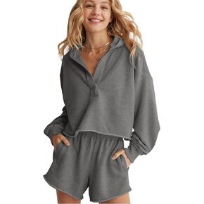 Women 2 Piece Outfits Long Sleeve Hooded Pullover Sweatshirt Elastic Waist Shorts Lounge Tracksuit Workout Sets