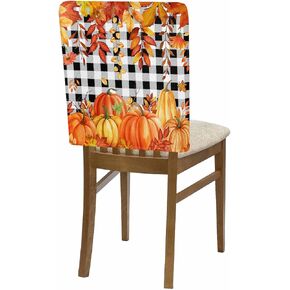 Fall Thanksgiving Chair Back Covers Set of 4,Orange Pumpkin Maple Leaf Harvest Farm Chair Slipcovers,Black and White Removable Dining Chair Protector for Kitchen Hotel Restaurant Banquet Decor