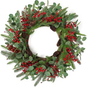 Dremisland 24 Inch Artificial Christmas Wreath for Front Door Xmas Red Berry Wreath with Pine Needles Cones Winter Eucalyptus Wreath Christmas Decorations for Wall Window Home Holiday Xmas Decor