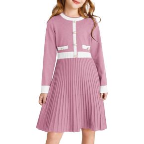 GRACE KARIN Girls Sweater Fall Dress Long Sleeve Knit A Line Contrast Casual Winter Dresses 5-12Y