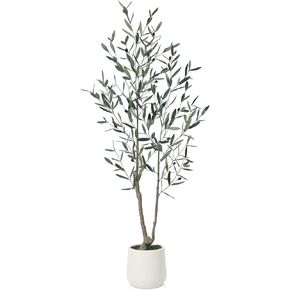 Artificial Olive Tree 7ft with White Planter, Fake Olive Tree with Lifelike Fruits for Indoor, Silk Tall Plant Faux Olive Tree Potted Fake Moss for Home Decor Office Living Room