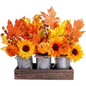 Winlyn Set of 3 Small Potted Maple Arrangement Artificial Maple Leaf Branches Faux Fall Picks and Sprays in Rustic Galvanized Metal Pots with Decorative Wood Tray