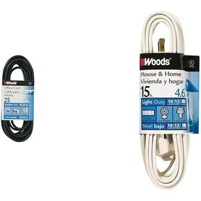 Woods Light Duty Extension Cord, 25Ft, 16 Gauge, 3 Conductor, Office Cord, SJTW, Black, 5601
