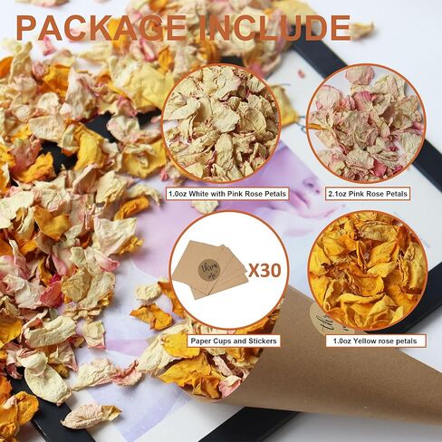 2.5 QT Dried Rose Flower Petals Biodegradable Confetti, 30 Cups Mix Real Natural White Pink Yellow Rose Petals for Wedding Proposal Party Valentine's Day Decor Flower Girls in Kuwait