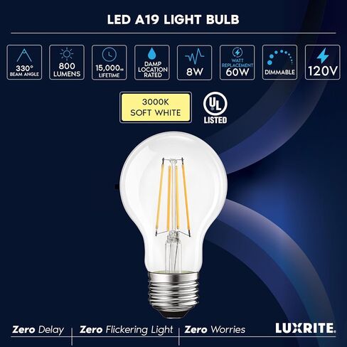 LUXRITE Vintage A19 LED Light Bulbs 60W Equivalent, 3000K Soft White Dimmable, 800 Lumens, Standard LED Edison Bulb 8W, UL Listed, E26 Base (4 Pack) in Kuwait