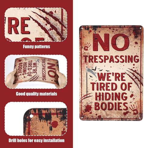 Halloween Signs, 11.8x7.8In No Trespassing We'Re Tired Of Hiding The Bodies Scary Warning Sign Funny Metal Tin Sign for Home Yard Wall Plaque Halloween Party Decorations Haunted House Props in Saudi Arabia