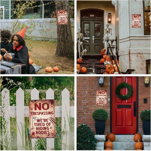 Halloween Signs, 11.8x7.8In No Trespassing We'Re Tired Of Hiding The Bodies Scary Warning Sign Funny Metal Tin Sign for Home Yard Wall Plaque Halloween Party Decorations Haunted House Props in Saudi Arabia