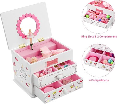 SONGMICS Ballerina Music Jewelry Box for Little Girls, Cartoon Cat, Fur Elise Melody, 5.9"L x 4.5"W x 4.8"H, White in Saudi Arabia