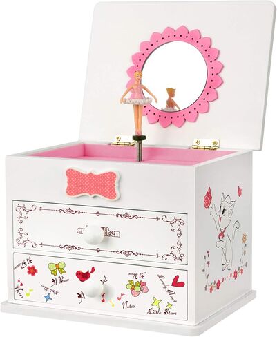 SONGMICS Ballerina Music Jewelry Box for Little Girls, Cartoon Cat, Fur Elise Melody, 5.9"L x 4.5"W x 4.8"H, White in Saudi Arabia