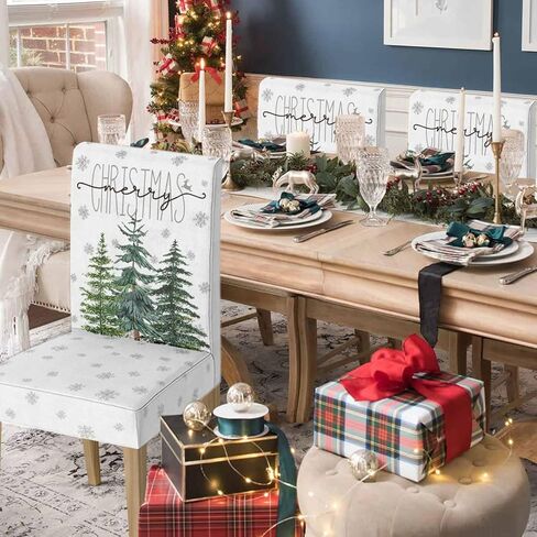 Horaldaily 4PCS Christmas Dining Chair Covers,Grey Christmas Pine Trees Stretch Removable Washable Slipcover Chair Protector for Dining Room Home Decor in Saudi Arabia