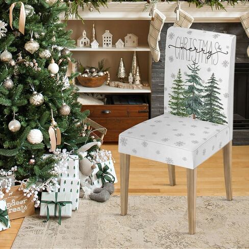 Horaldaily 4PCS Christmas Dining Chair Covers,Grey Christmas Pine Trees Stretch Removable Washable Slipcover Chair Protector for Dining Room Home Decor in Saudi Arabia