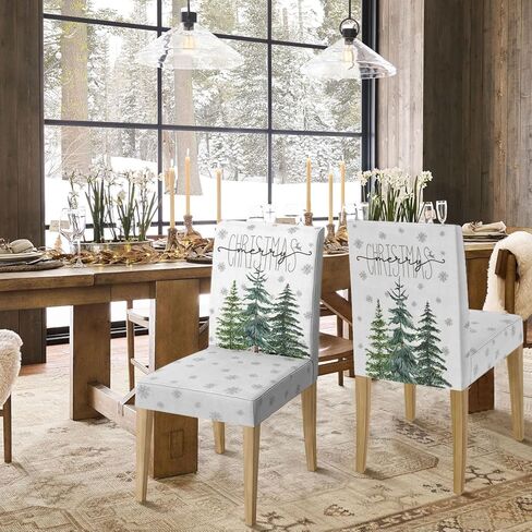Horaldaily 4PCS Christmas Dining Chair Covers,Grey Christmas Pine Trees Stretch Removable Washable Slipcover Chair Protector for Dining Room Home Decor in Saudi Arabia