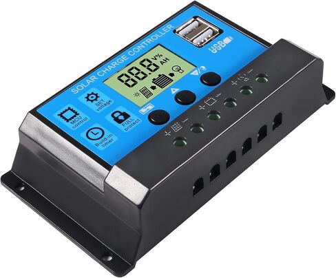 جهاز التحكم بالشحن بالطاقة الشمسية 30 أمبير، 12 فولت/ 24 فولت، منظم ذكي مع منفذ USB مزدوج 5 فولت، شاشة LCD قابلة للتعديل وإعداد المؤقت وساعات التشغيل/الإيقاف (1) in Saudi Arabia