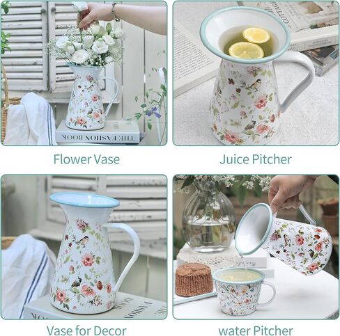 Enamel Pitcher with Wide Handle and Green Rim Rustic Enamelware Pitcher Vase Flower and Bird Pattern Farmhouse Metal Pitcher Vintage Decor in Kuwait