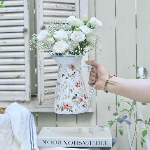 Enamel Pitcher with Wide Handle and Green Rim Rustic Enamelware Pitcher Vase Flower and Bird Pattern Farmhouse Metal Pitcher Vintage Decor in Kuwait