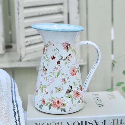 Enamel Pitcher with Wide Handle and Green Rim Rustic Enamelware Pitcher Vase Flower and Bird Pattern Farmhouse Metal Pitcher Vintage Decor in Kuwait