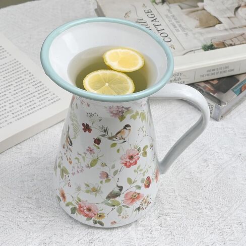 Enamel Pitcher with Wide Handle and Green Rim Rustic Enamelware Pitcher Vase Flower and Bird Pattern Farmhouse Metal Pitcher Vintage Decor in Kuwait