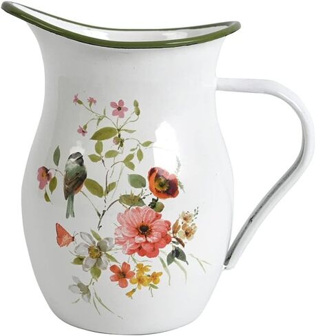 إبريق المينا بمقبض واسع وحافة خضراء ريفي المينا إبريق زهرية زهرة وطيور نمط مزرعة إبريق معدني ديكور عتيق in Kuwait