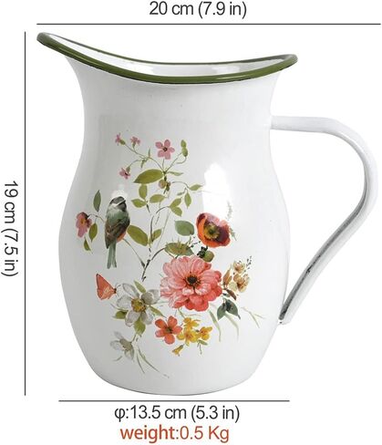 إبريق المينا بمقبض واسع وحافة خضراء ريفي المينا إبريق زهرية زهرة وطيور نمط مزرعة إبريق معدني ديكور عتيق in Kuwait