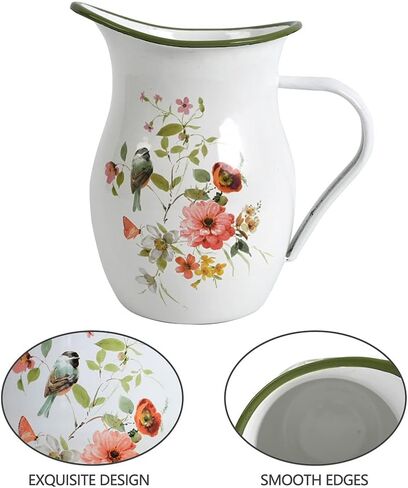 إبريق المينا بمقبض واسع وحافة خضراء ريفي المينا إبريق زهرية زهرة وطيور نمط مزرعة إبريق معدني ديكور عتيق in Kuwait