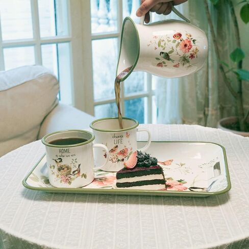 إبريق المينا بمقبض واسع وحافة خضراء ريفي المينا إبريق زهرية زهرة وطيور نمط مزرعة إبريق معدني ديكور عتيق in Kuwait