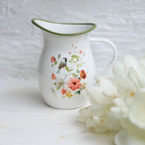 إبريق المينا بمقبض واسع وحافة خضراء ريفي المينا إبريق زهرية زهرة وطيور نمط مزرعة إبريق معدني ديكور عتيق in Kuwait