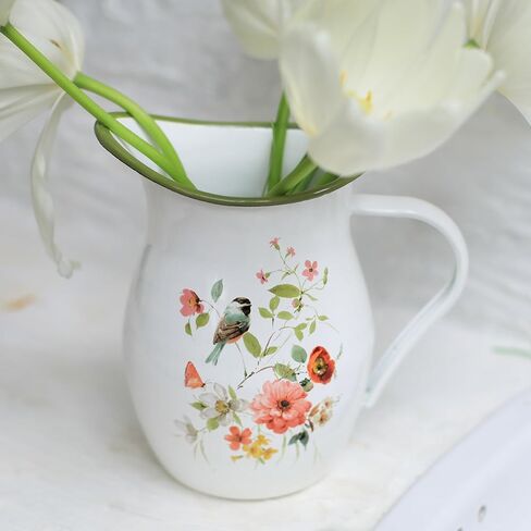 إبريق المينا بمقبض واسع وحافة خضراء ريفي المينا إبريق زهرية زهرة وطيور نمط مزرعة إبريق معدني ديكور عتيق in Kuwait