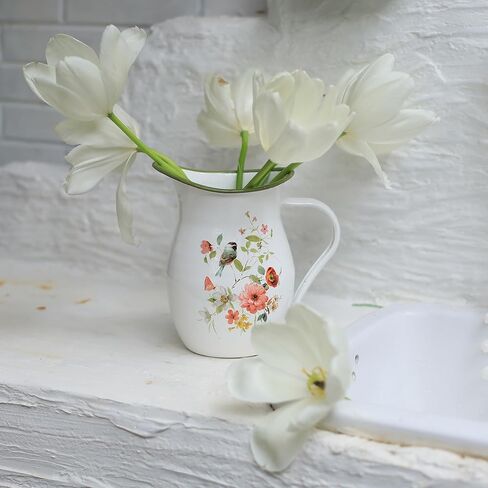 إبريق المينا بمقبض واسع وحافة خضراء ريفي المينا إبريق زهرية زهرة وطيور نمط مزرعة إبريق معدني ديكور عتيق in Kuwait