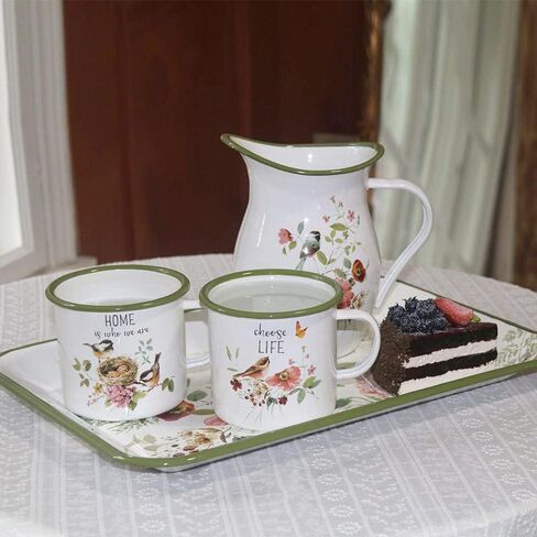 إبريق المينا بمقبض واسع وحافة خضراء ريفي المينا إبريق زهرية زهرة وطيور نمط مزرعة إبريق معدني ديكور عتيق in Kuwait